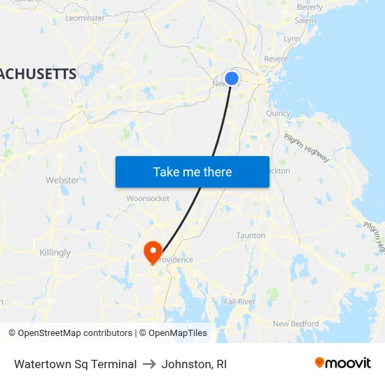 Watertown Sq Terminal to Johnston, RI map