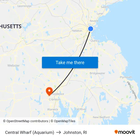 Central Wharf (Aquarium) to Johnston, RI map
