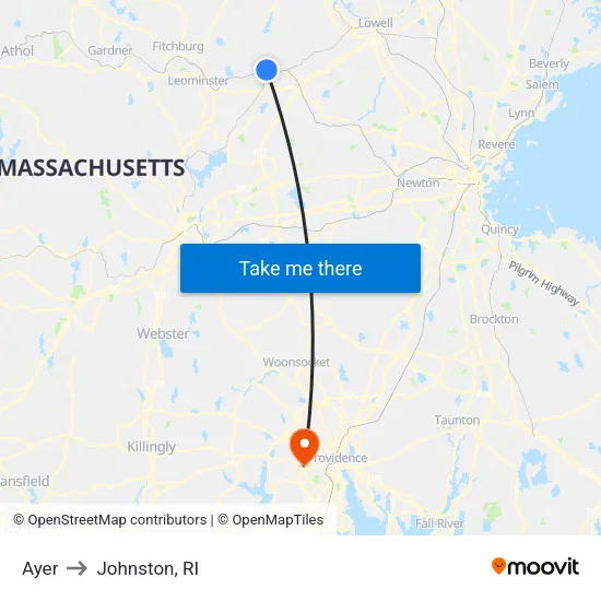 Ayer to Johnston, RI map