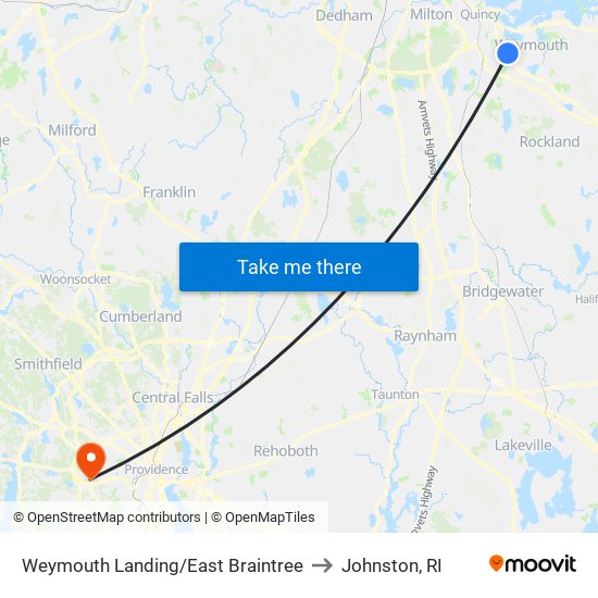 Weymouth Landing/East Braintree to Johnston, RI map