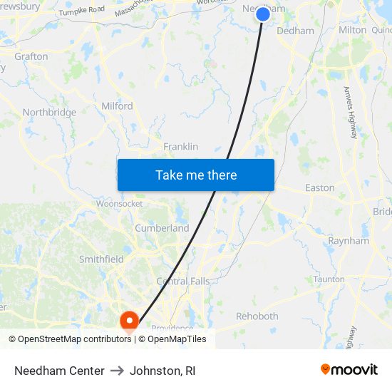 Needham Center to Johnston, RI map