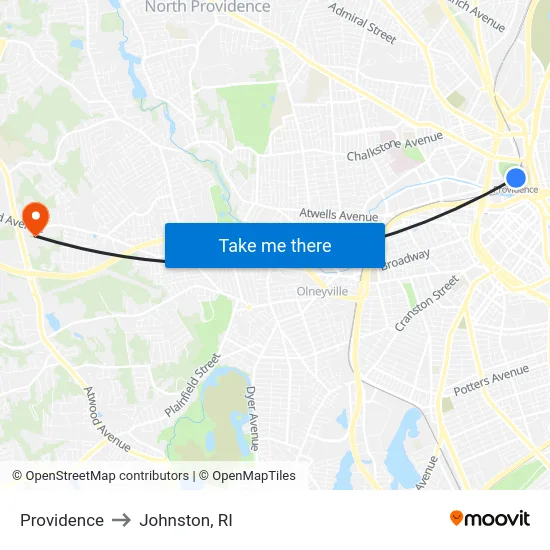 Providence to Johnston, RI map