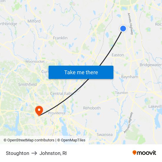 Stoughton to Johnston, RI map