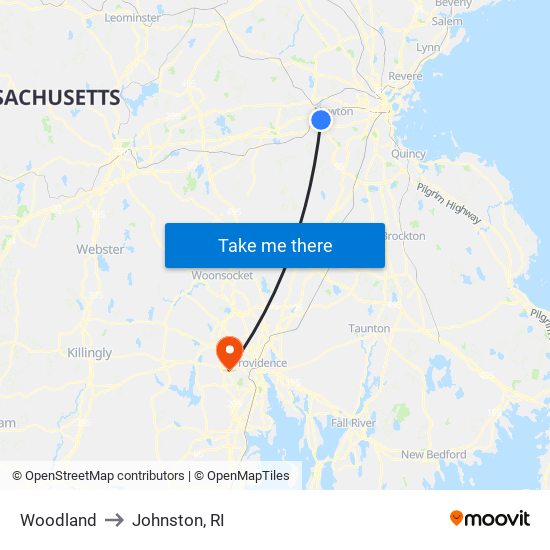 Woodland to Johnston, RI map