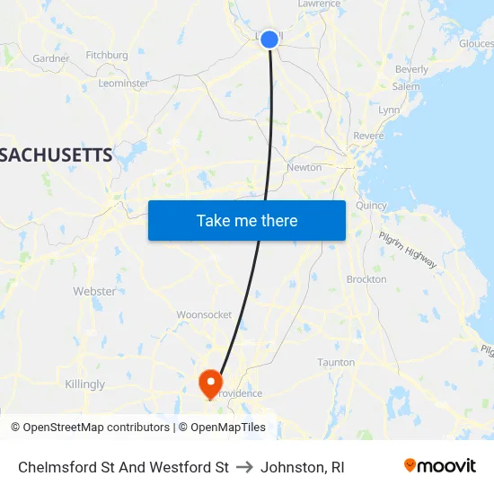 Chelmsford St And Westford St to Johnston, RI map