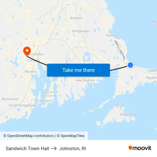 Sandwich Town Hall to Johnston, RI map