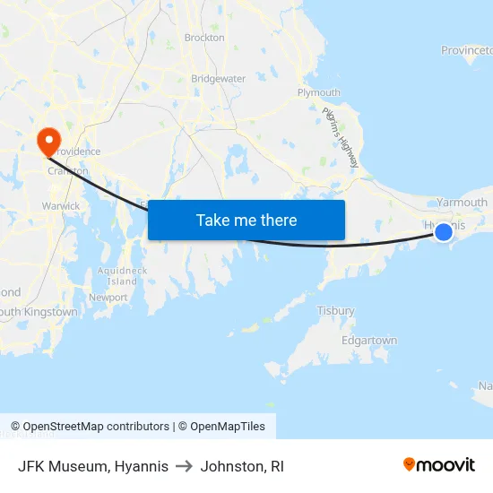 JFK Museum, Hyannis to Johnston, RI map