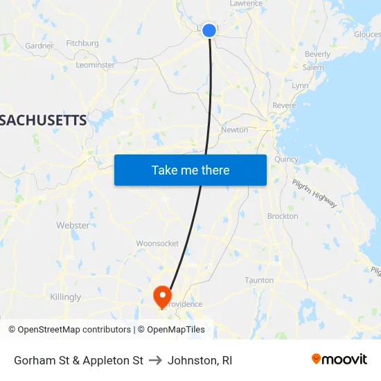 Gorham St & Appleton St to Johnston, RI map