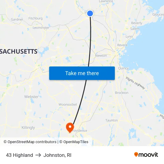43 Highland to Johnston, RI map