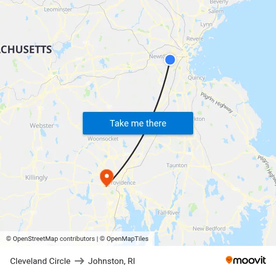 Cleveland Circle to Johnston, RI map