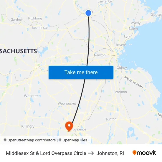 Middlesex St & Lord Overpass Circle to Johnston, RI map