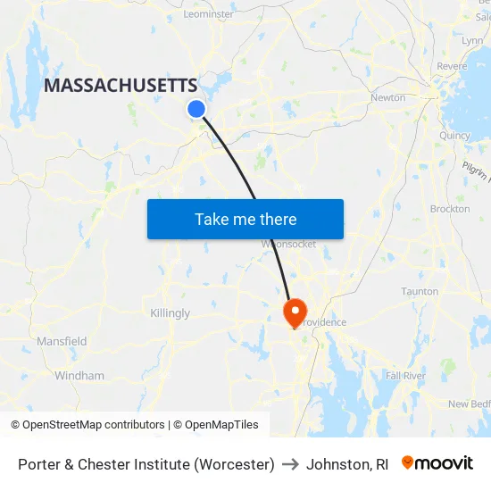 Porter & Chester Institute (Worcester) to Johnston, RI map