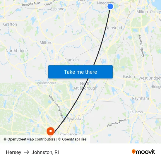Hersey to Johnston, RI map
