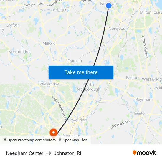 Needham Center to Johnston, RI map