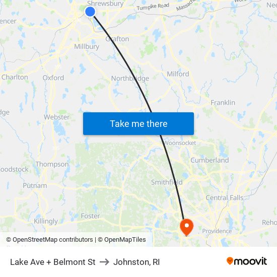 Lake Ave + Belmont St to Johnston, RI map