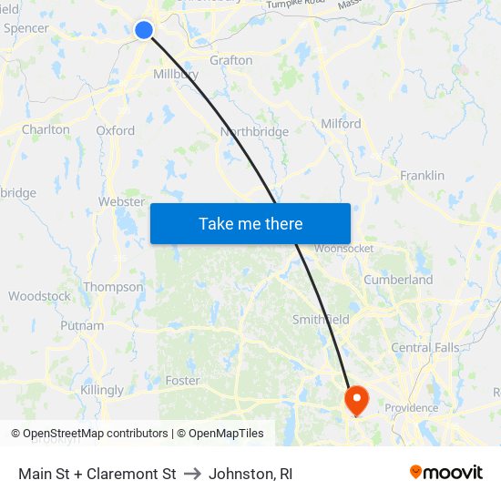 Main St + Claremont St to Johnston, RI map