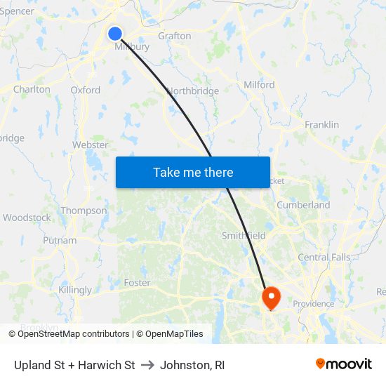 Upland St at Harwich to Johnston, RI map