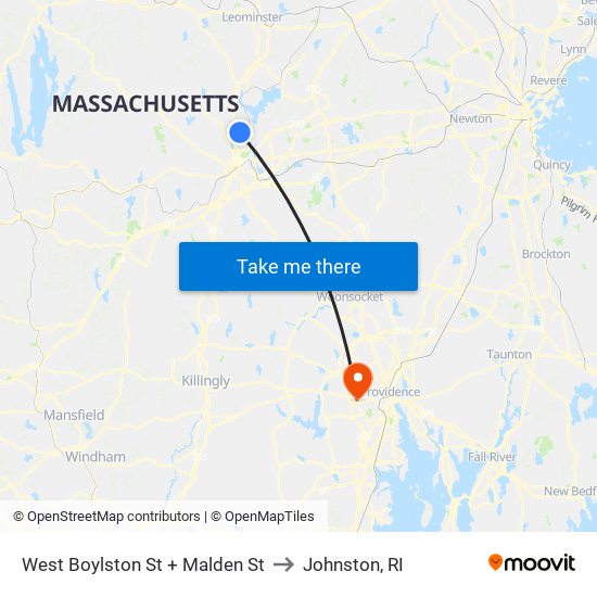 West Boylston St + Malden St to Johnston, RI map