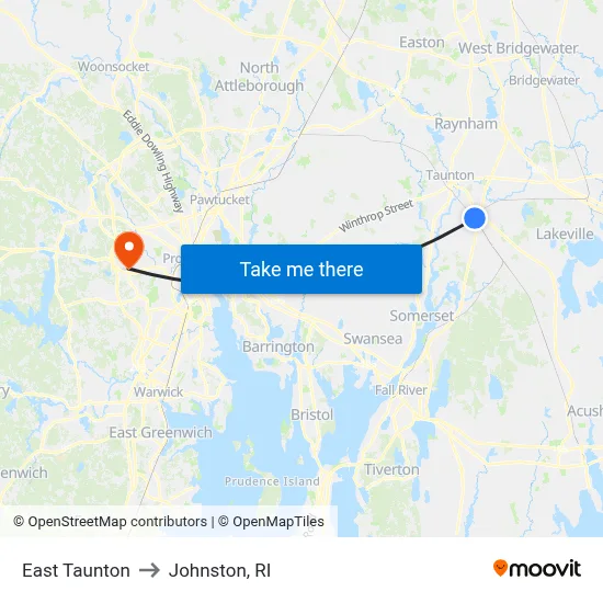 East Taunton to Johnston, RI map