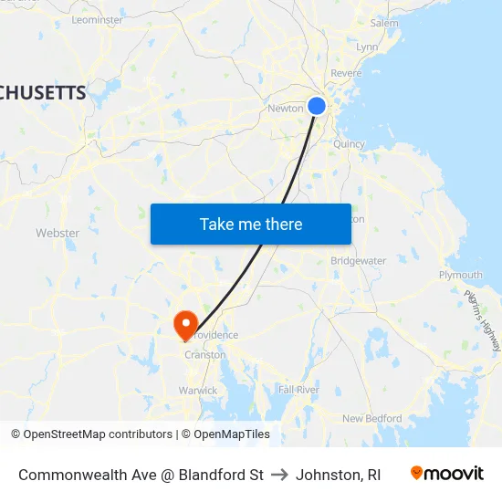 Commonwealth Ave @ Blandford St to Johnston, RI map