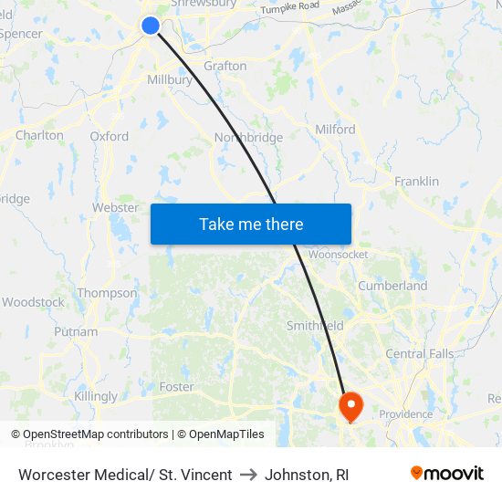 Worcester Medical/ St. Vincent to Johnston, RI map