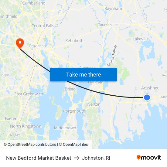 New Bedford Market Basket to Johnston, RI map