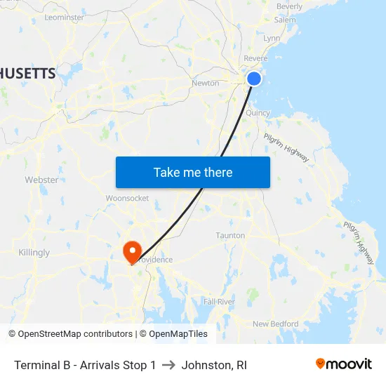 Terminal B - Arrivals Stop 1 to Johnston, RI map