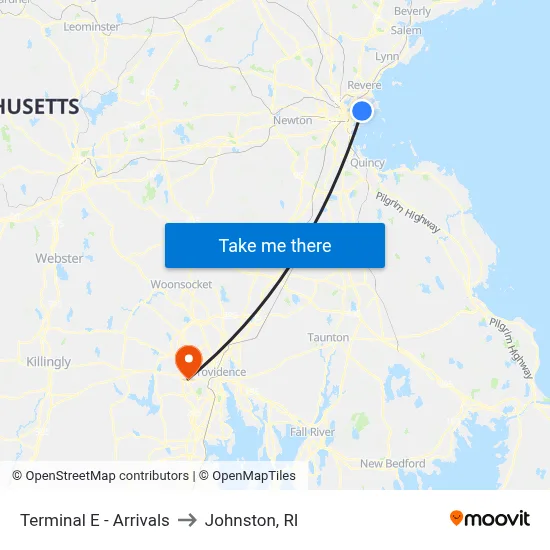 Terminal E - Arrivals to Johnston, RI map