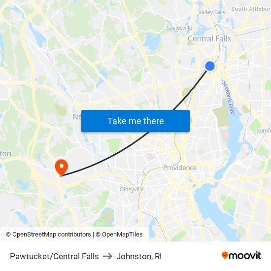 Pawtucket/Central Falls to Johnston, RI map