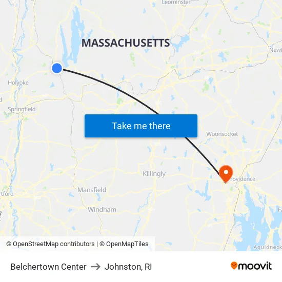 Belchertown Center to Johnston, RI map