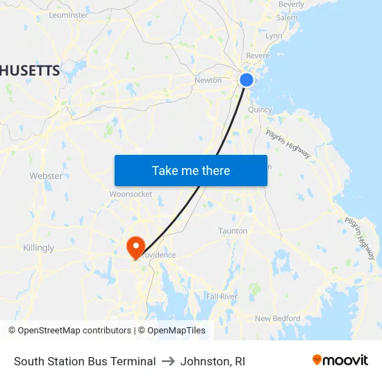 South Station Bus Terminal to Johnston, RI map