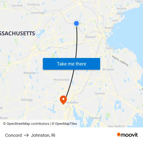Concord to Johnston, RI map