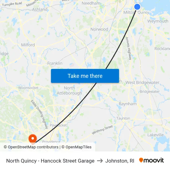 North Quincy - Hancock Street Garage to Johnston, RI map