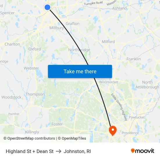 Highland St + Dean St to Johnston, RI map