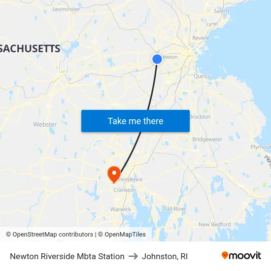 Newton Riverside Mbta Station to Johnston, RI map