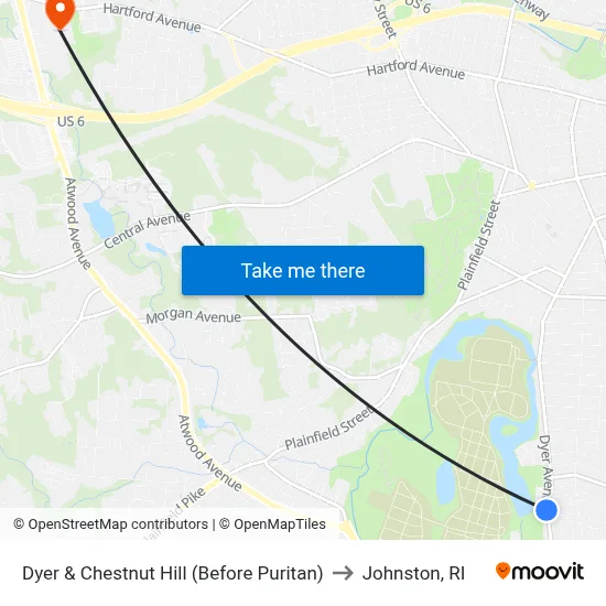 Dyer & Chestnut Hill (Before Puritan) to Johnston, RI map