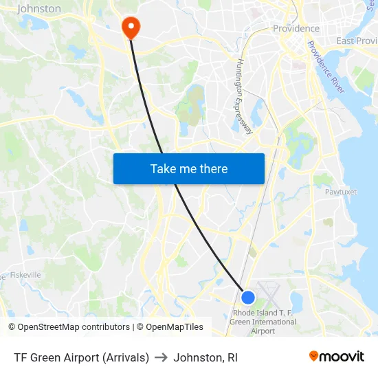TF Green Airport (Arrivals) to Johnston, RI map