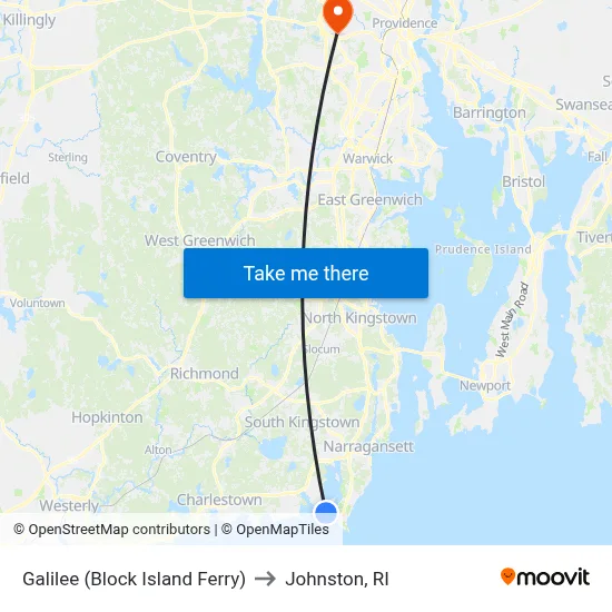 Galilee (Block Island Ferry) to Johnston, RI map