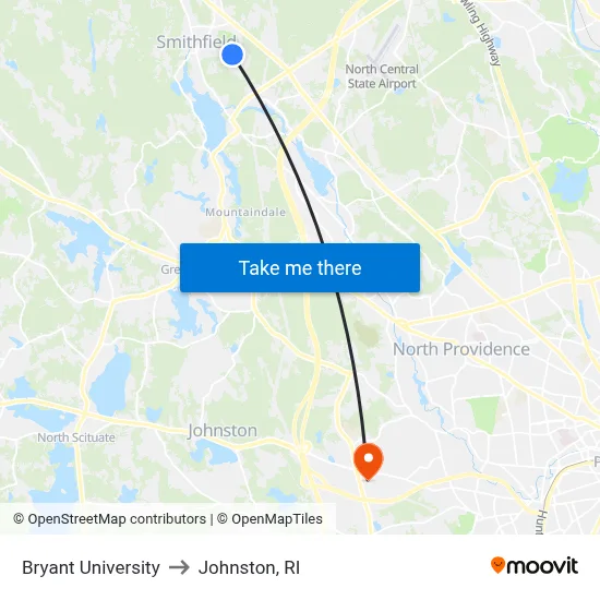 Bryant University to Johnston, RI map