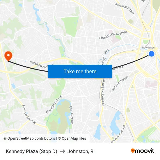Kennedy Plaza (Stop D) to Johnston, RI map