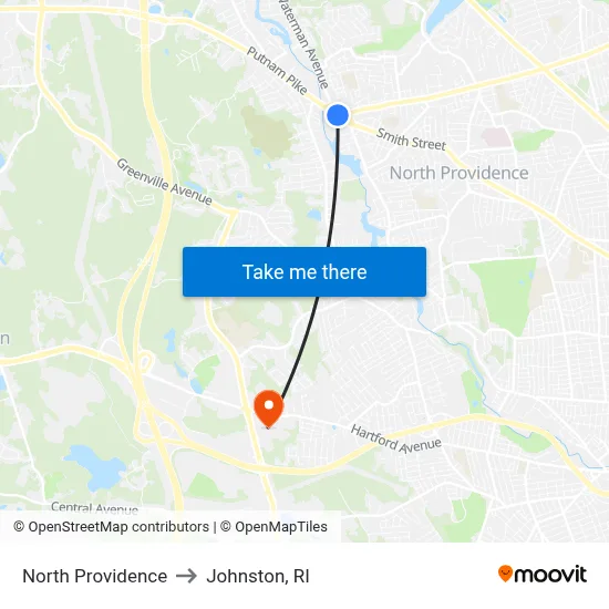 North Providence to Johnston, RI map