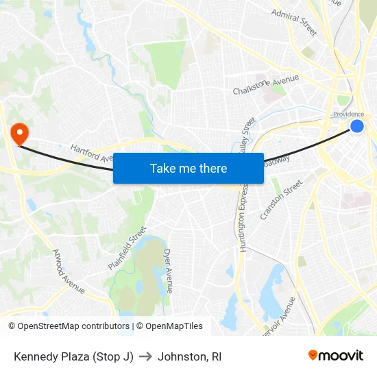 Kennedy Plaza (Stop J) to Johnston, RI map