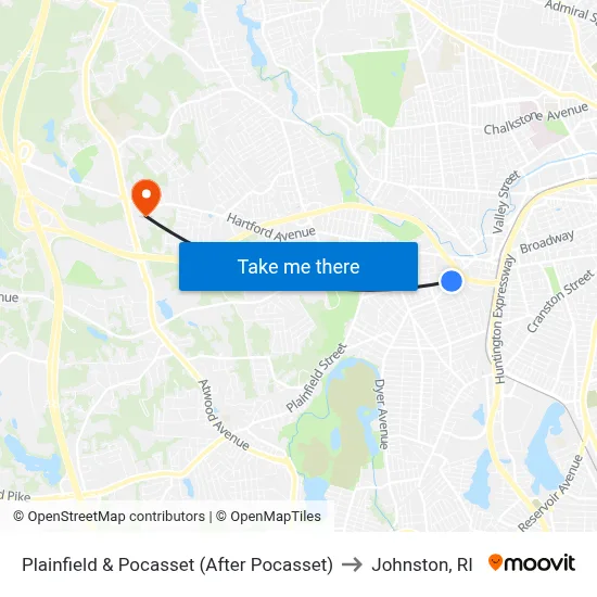 Plainfield & Pocasset (After Pocasset) to Johnston, RI map
