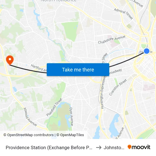 Providence Station (Exchange Before Park Row W) to Johnston, RI map