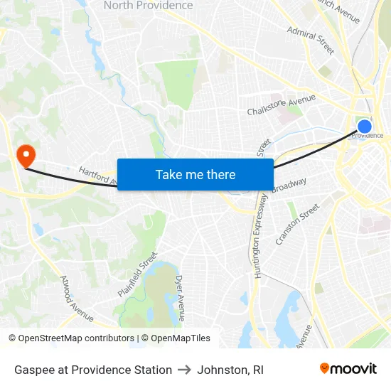 Gaspee at Providence Station to Johnston, RI map