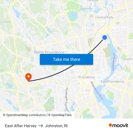 East After Harvey to Johnston, RI map