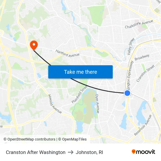 Cranston After Washington to Johnston, RI map