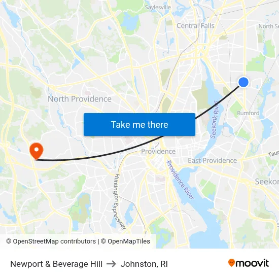 Newport & Beverage Hill to Johnston, RI map