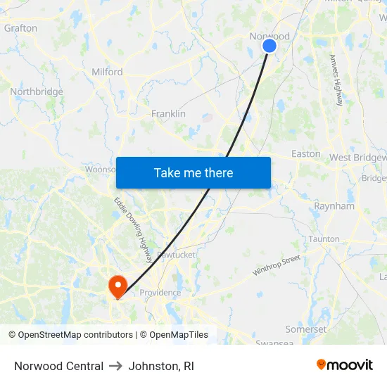 Norwood Central to Johnston, RI map