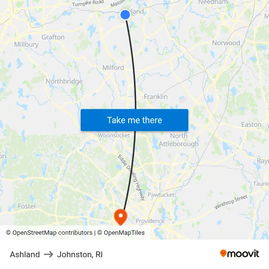 Ashland to Johnston, RI map